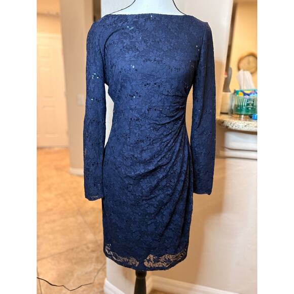 CHAPS Sequin Lace Sheath Dress Navy Size 6 - Picture 3 of 10